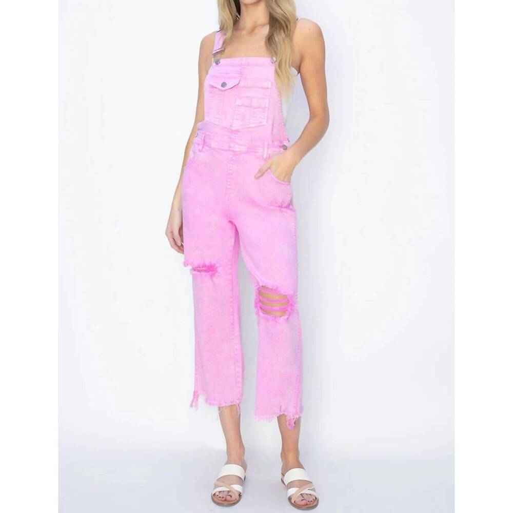 NEW RISEN high rise distressed denim overalls in pink